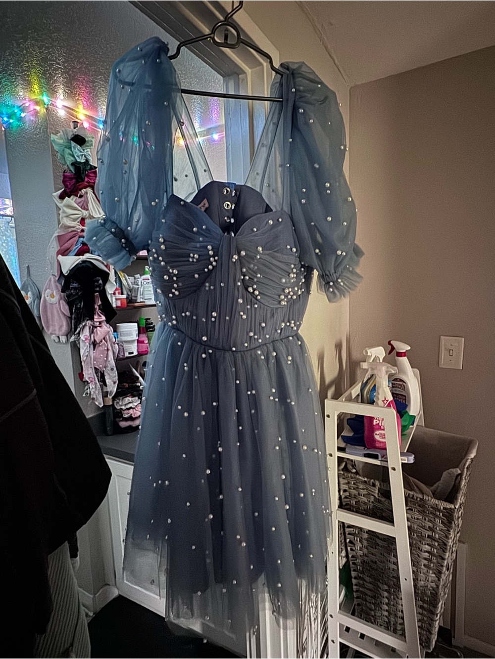 Steel Blue Pearl-Embellished Mini Dress with Puff Sleeves